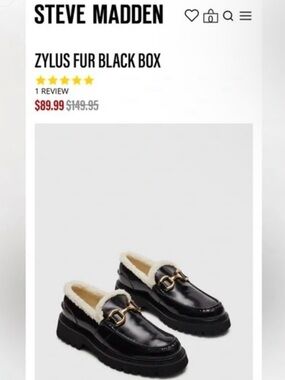 Steve Madden Black Patent Loafers with Gold Buckle and Cream Shearling